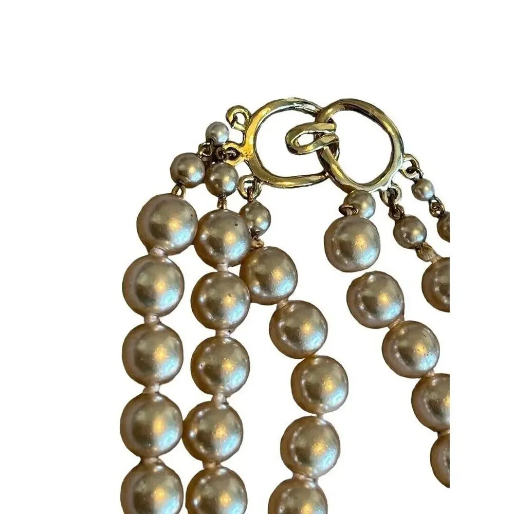 Vintage 3 Strand Faux Pearl Gold Tone Necklace Knotted 16